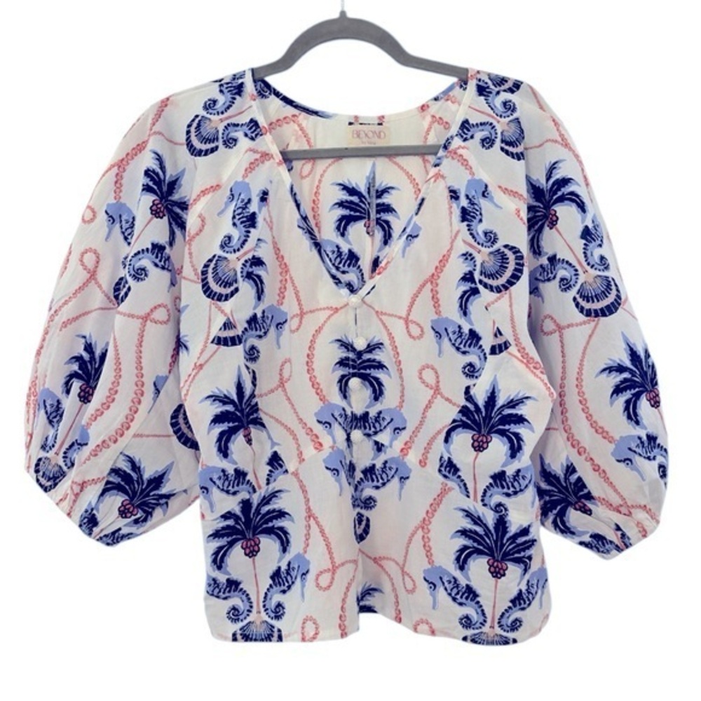 Beyond by Vera Seahorse Motif Puff Sleeve Cotton Blouse Size Large